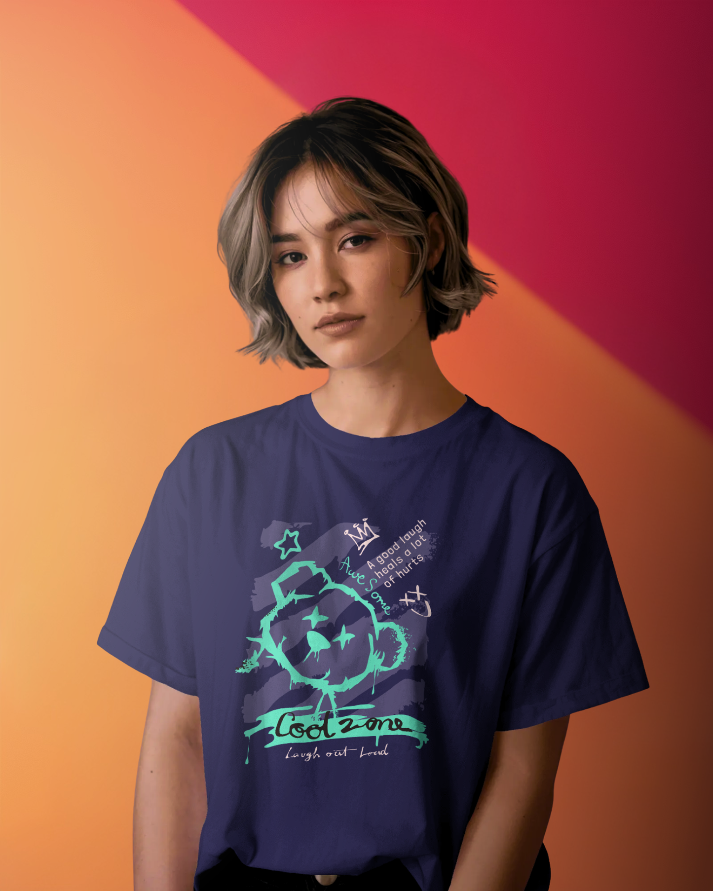 Woman wearing Qurrito’s Coolzone Neon Teddy Graphic T-Shirt in regular fit. The quirky graffiti-style teddy design blends playful energy with a mysterious, streetwear-inspired mood.