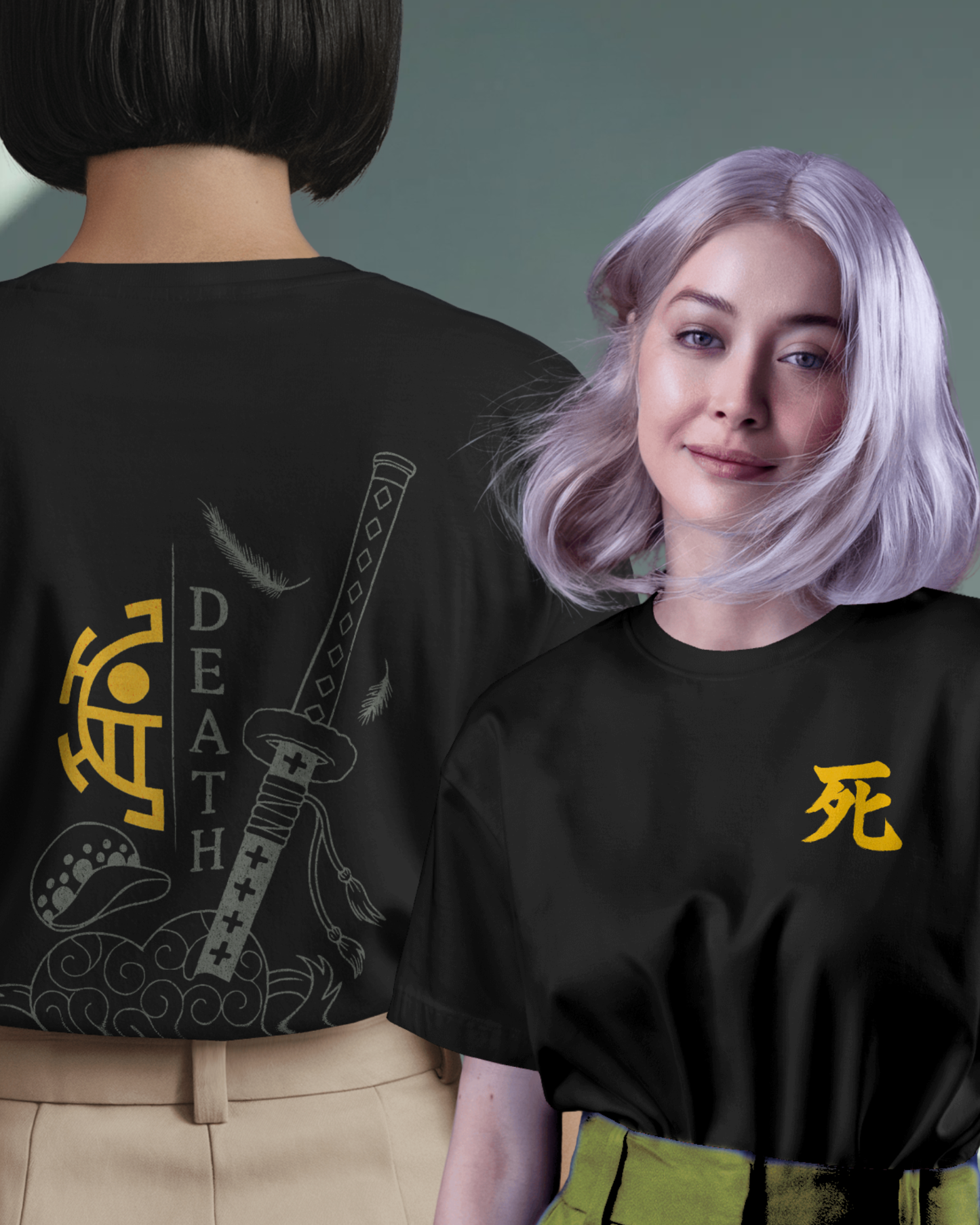 Qurrito The Surgeon’s Omen black regular fit T-shirt on a female model, displaying dark anime-inspired katana artwork on the back and bold yellow chest symbol, intense, mysterious, modern streetwear mood.