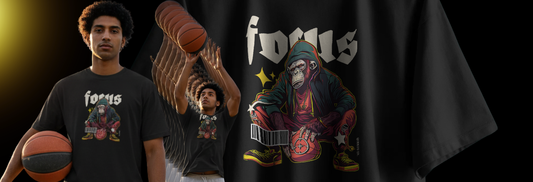 Model wearing the black Slam Dunk Monkey Tee by qurrito with a bright, energetic monkey graphic playing basketball