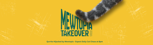 Mewtopia Takeover Week banner with cat tail on yellow background, announcing Qurrito’s daily 8 PM cat-themed content and campaign update.