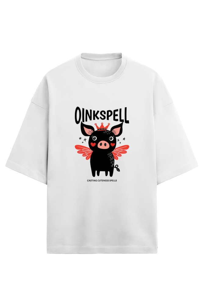 Quirky oversized t-shirt with Oinkspell graphic – white unisex streetwear tee