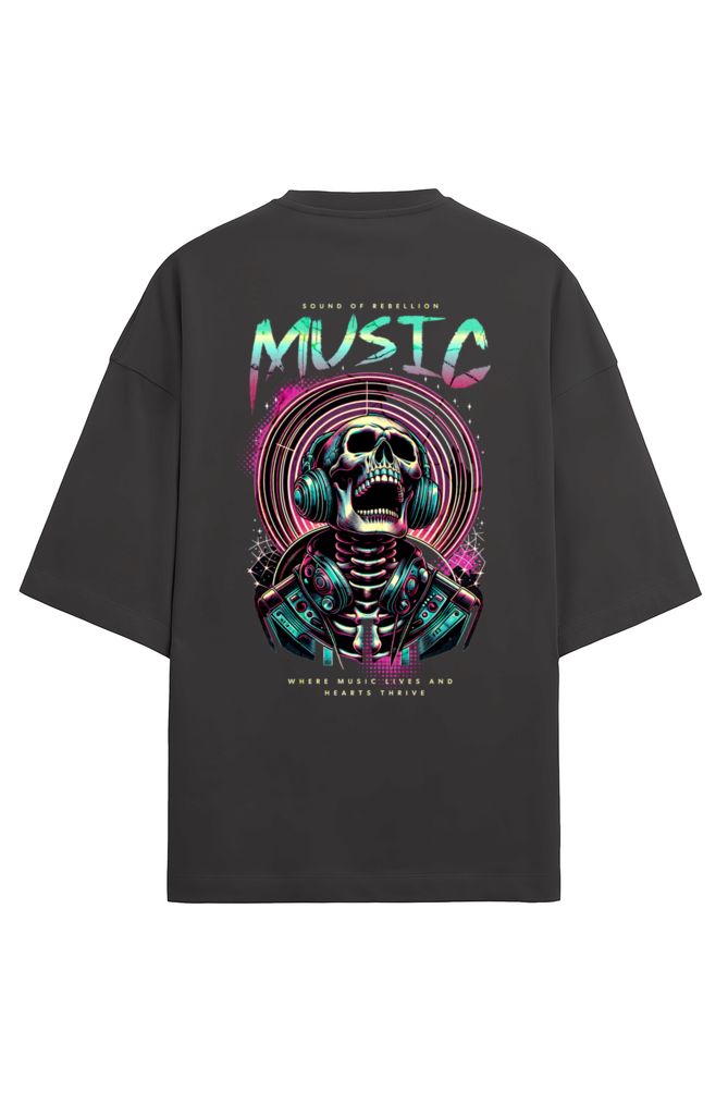 Oversized Punk rock t-shirt with dual sided skull music graphic from Qurrito's rebellion series