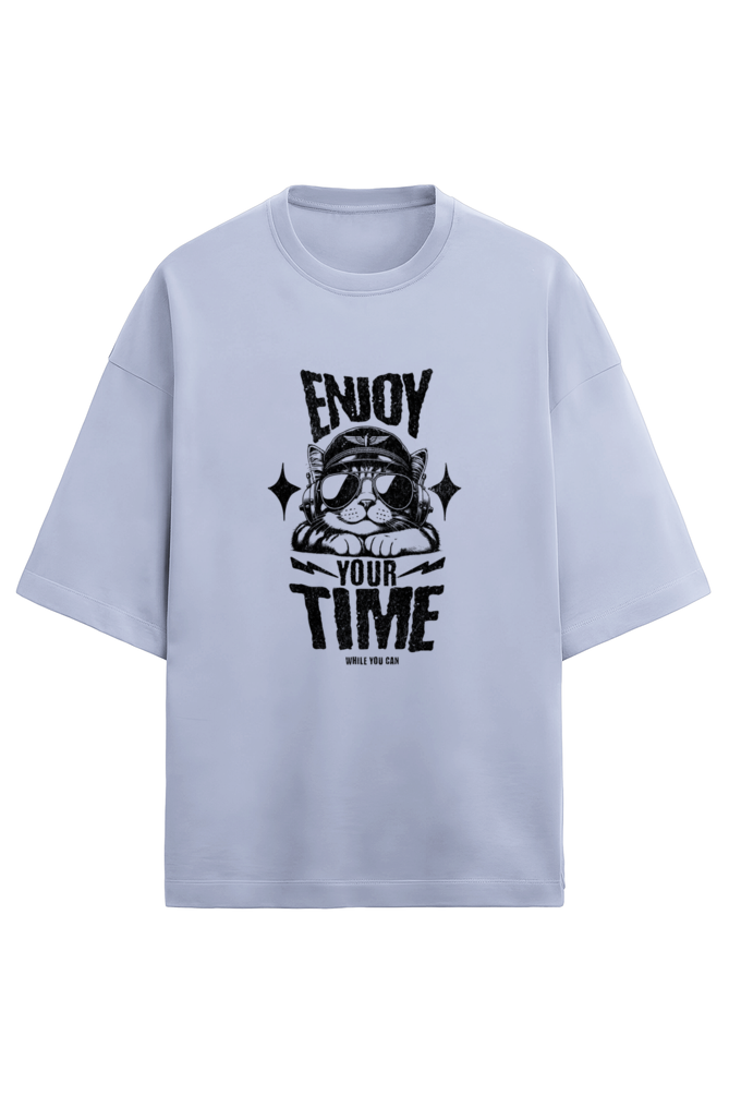 Positive message t-shirt with lavender 'Enjoy Your Time' graphic in oversized fit – QURRiTO