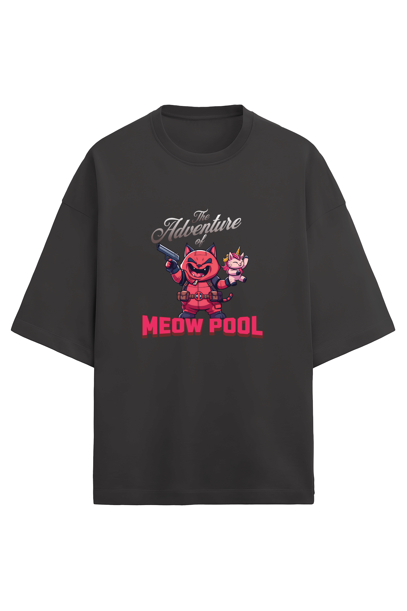 Funny oversized streetwear tee black with cartoon cat unicorn – Meow Pool by QURRiTO