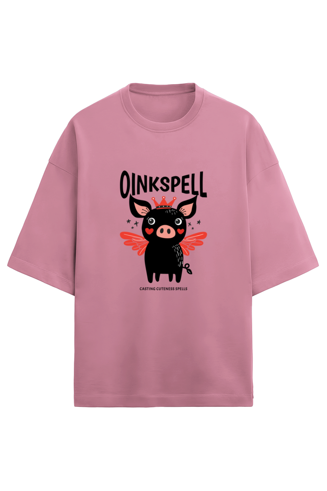 Quirky oversized t-shirt with Oinkspell graphic – coral unisex streetwear tee