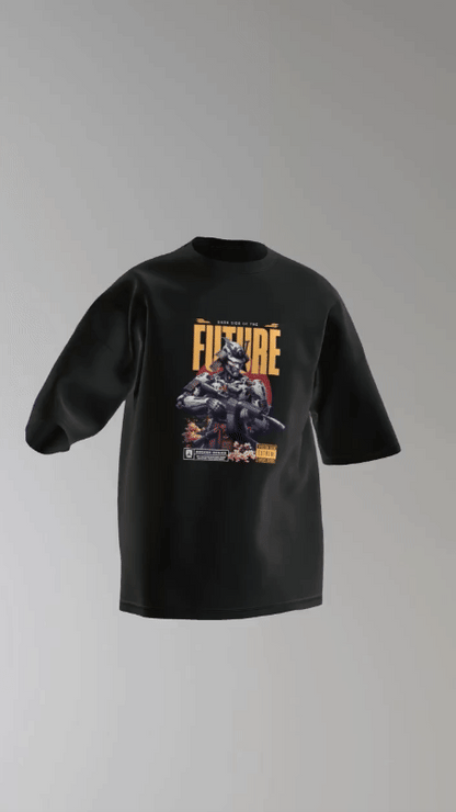 Oversized cyberpunk t-shirt with futuristic mecha design from QURRiTO – bold streetwear for edgy style
