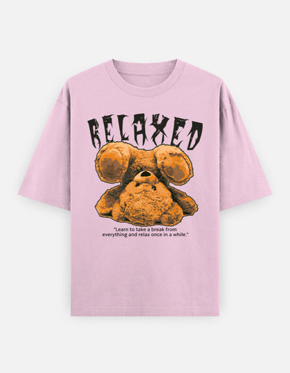 Pink casual cotton oversized t-shirt with upside-down teddy graphic and “RELAXED” text, perfect for laid-back, cozy streetwear looks.