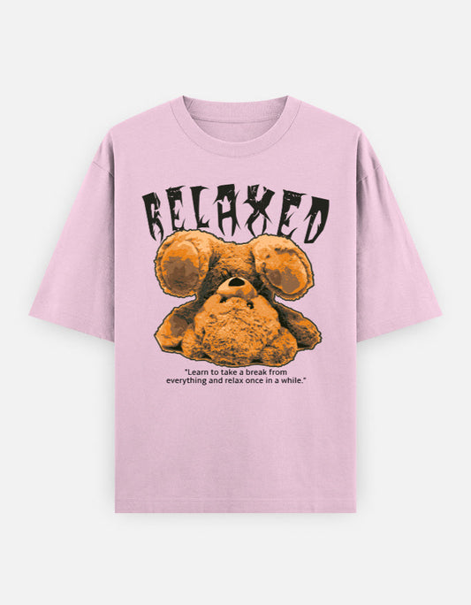 Pink casual cotton oversized t-shirt with upside-down teddy graphic and “RELAXED” text, perfect for laid-back, cozy streetwear looks.
