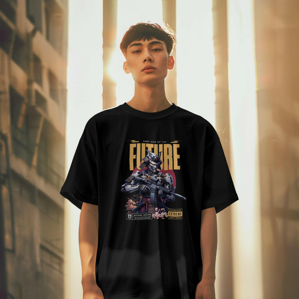 Oversized cyberpunk t-shirt with futuristic mecha design from QURRiTO – bold streetwear for edgy style
