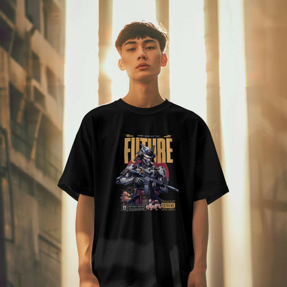 Oversized cyberpunk t-shirt with futuristic mecha design from QURRiTO – bold streetwear for edgy style