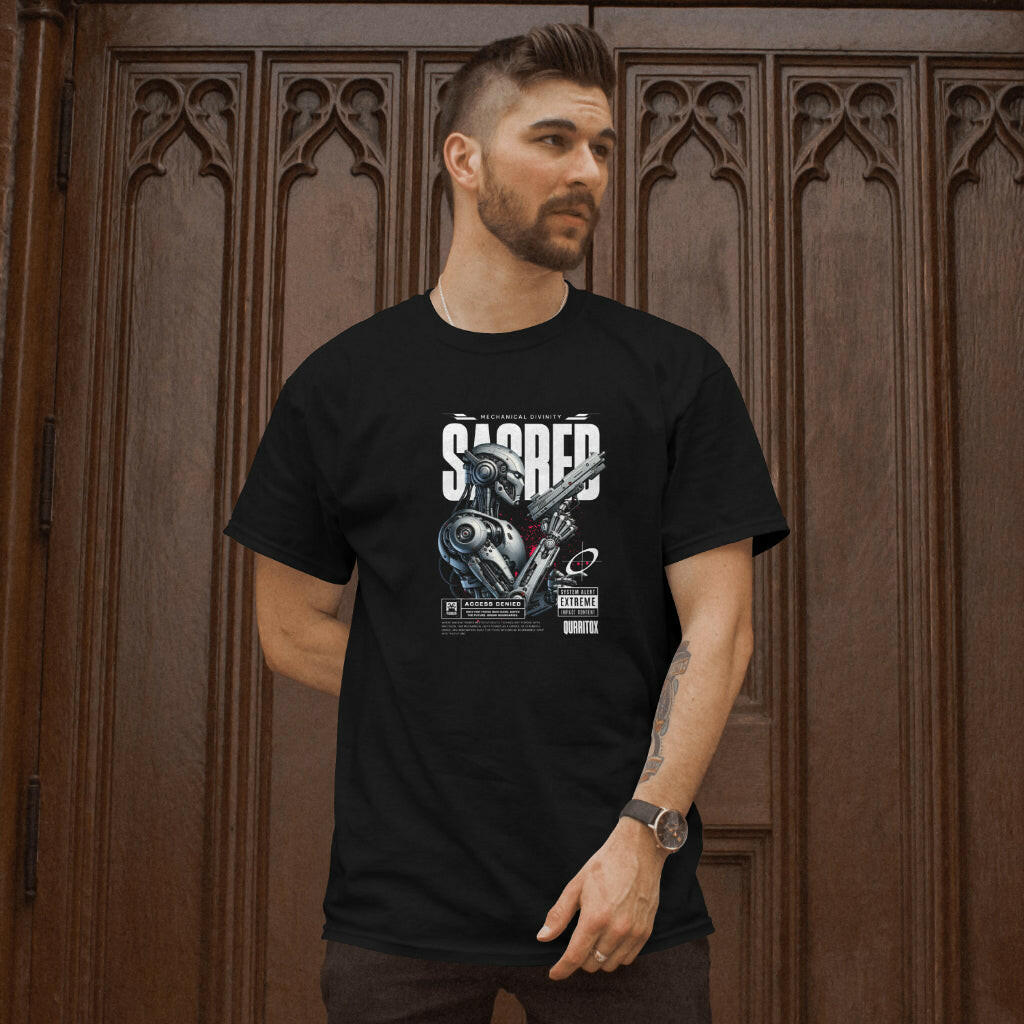 Futuristic graphic t-shirt for men with bold mecha warrior design by QURRiTO