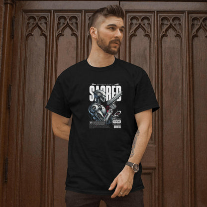 Futuristic graphic t-shirt for men with bold mecha warrior design by QURRiTO