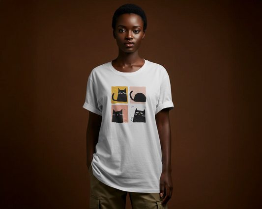 White funny cat print t-shirt with quirky cartoon design on soft cotton fabric – perfect for casual and streetwear looks