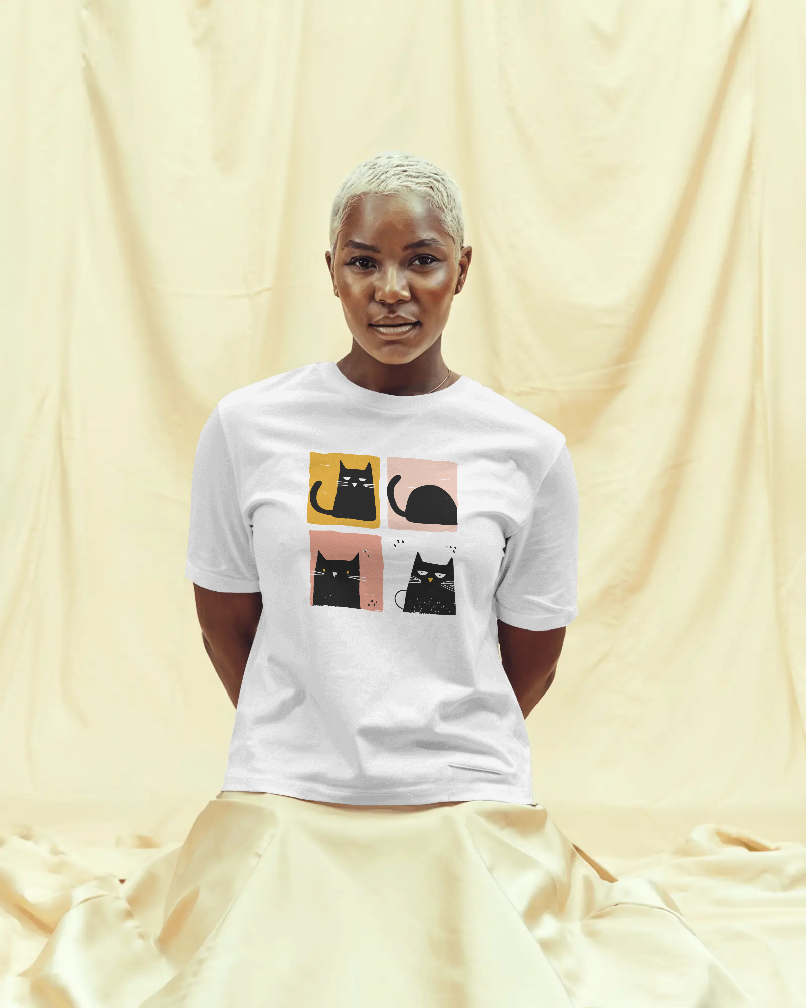 White funny cat print t-shirt with quirky cartoon design on soft cotton fabric – perfect for casual and streetwear looks