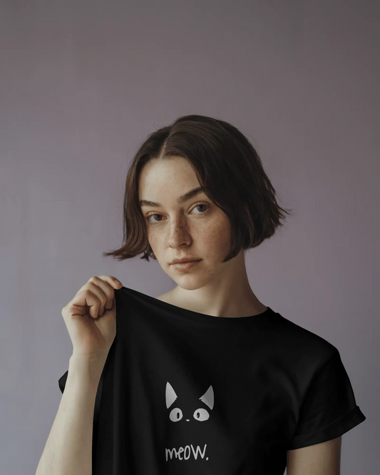 Cat Lover T-Shirt for Women with black cotton fabric, cat eyes graphic, and meow text