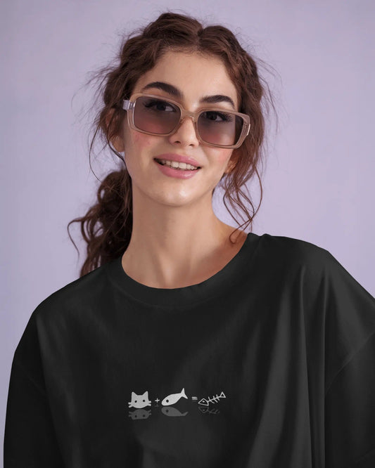 Minimalist Cat T-Shirt with funny fish math graphic in cotton