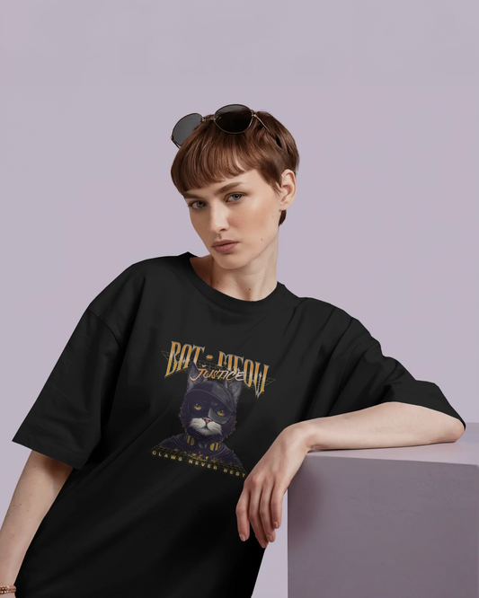 a woman wearing Pet Themed Graphic Tee – Bat Meow The Superhero Pet Lover by QURRiTO