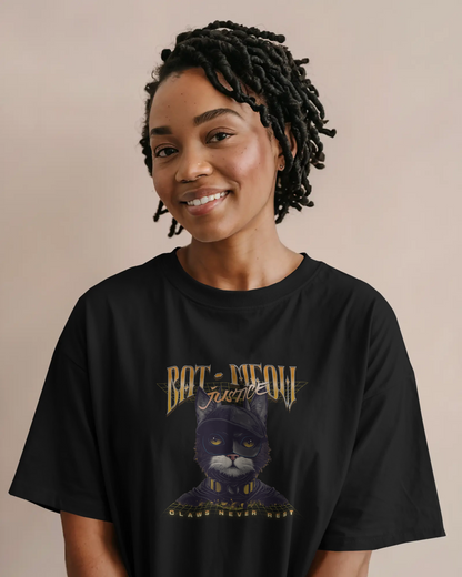 a woman wearing Pet Themed Graphic Tee – Bat Meow The Superhero Pet Lover by QURRiTO