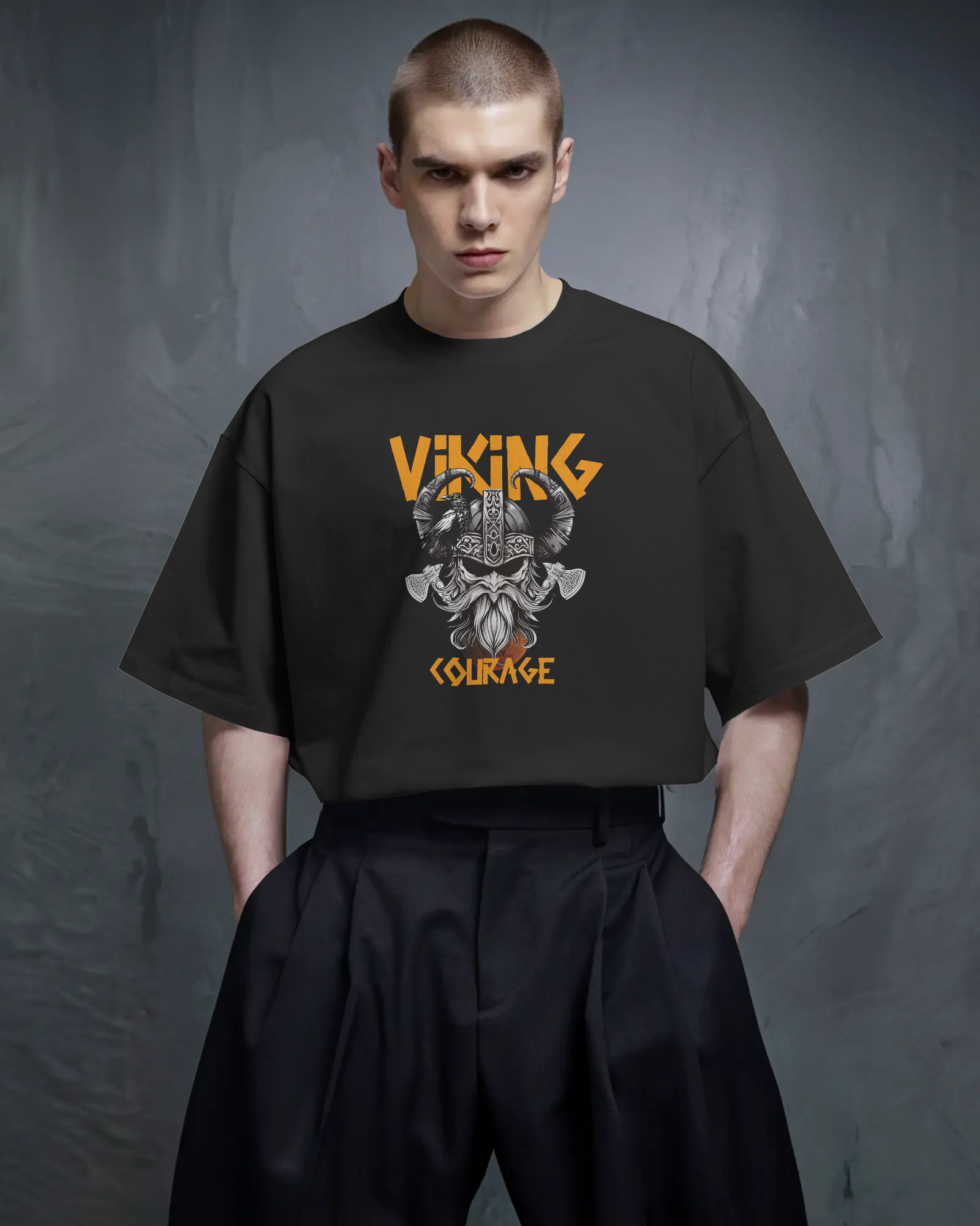 a man wearing Oversized Viking T-Shirt – Unisex Bold Streetwear Tee by QURRiTO