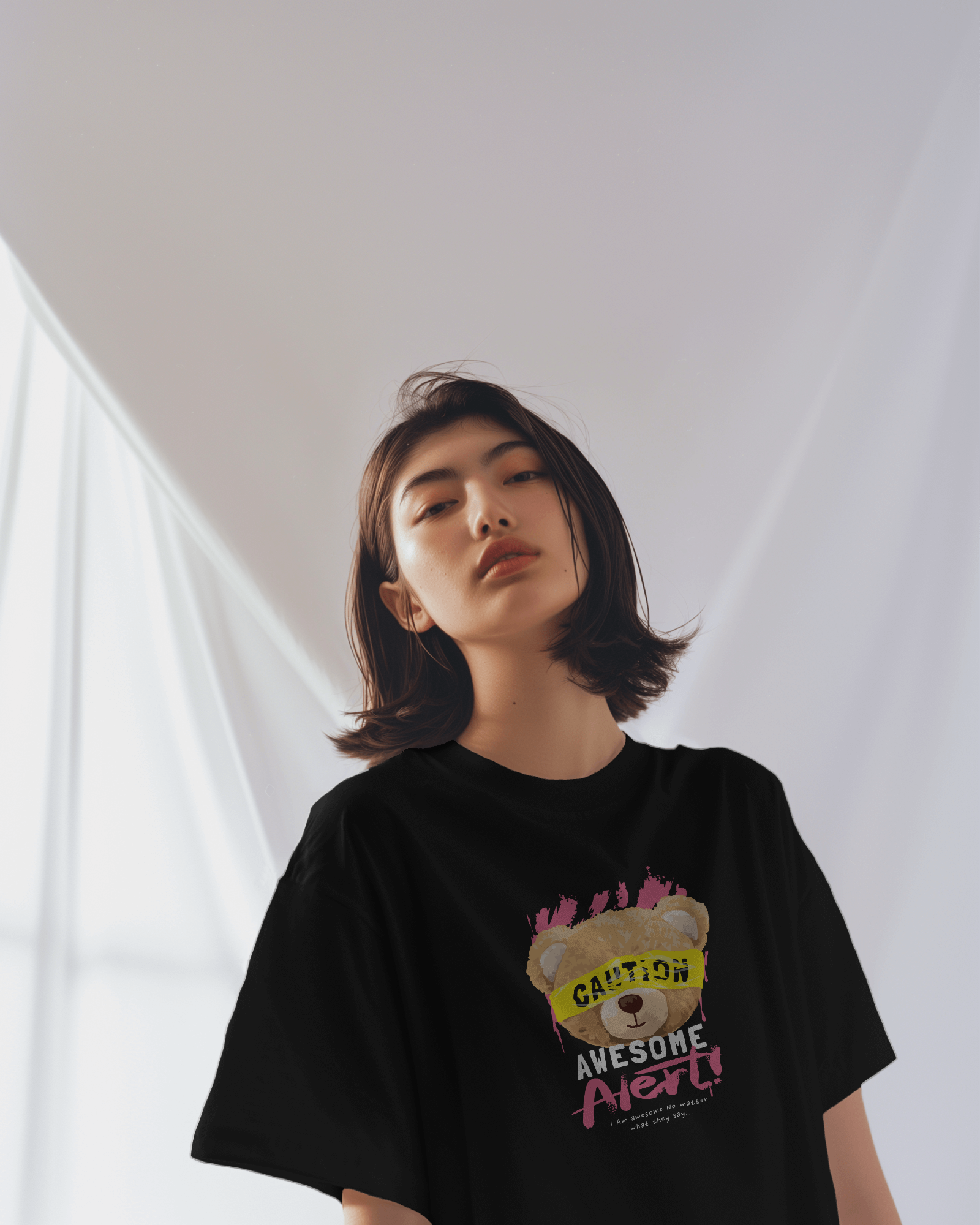 Graphic teddy bear t-shirt with caution print – casual streetwear design