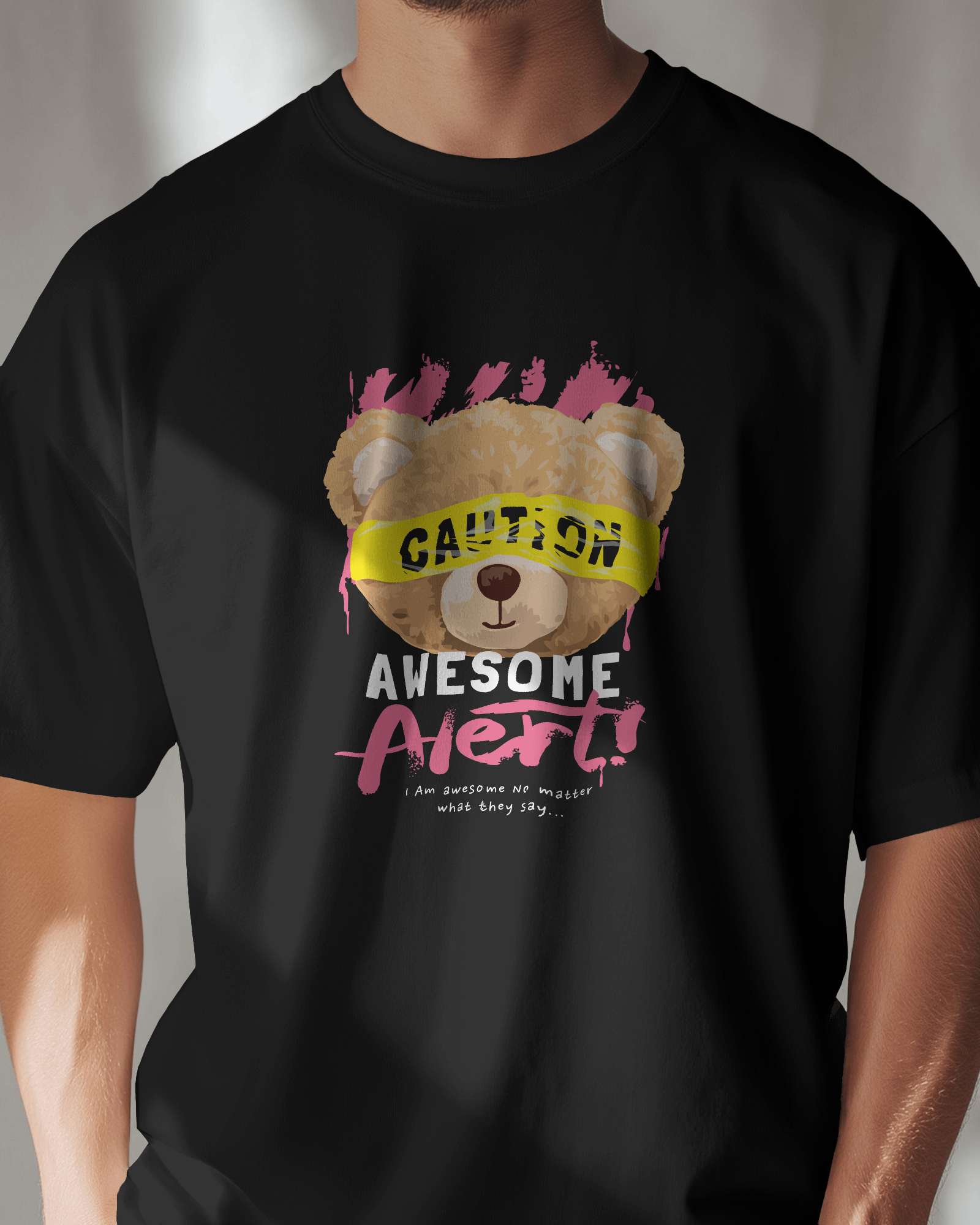 Graphic teddy bear t-shirt with caution print – casual streetwear design