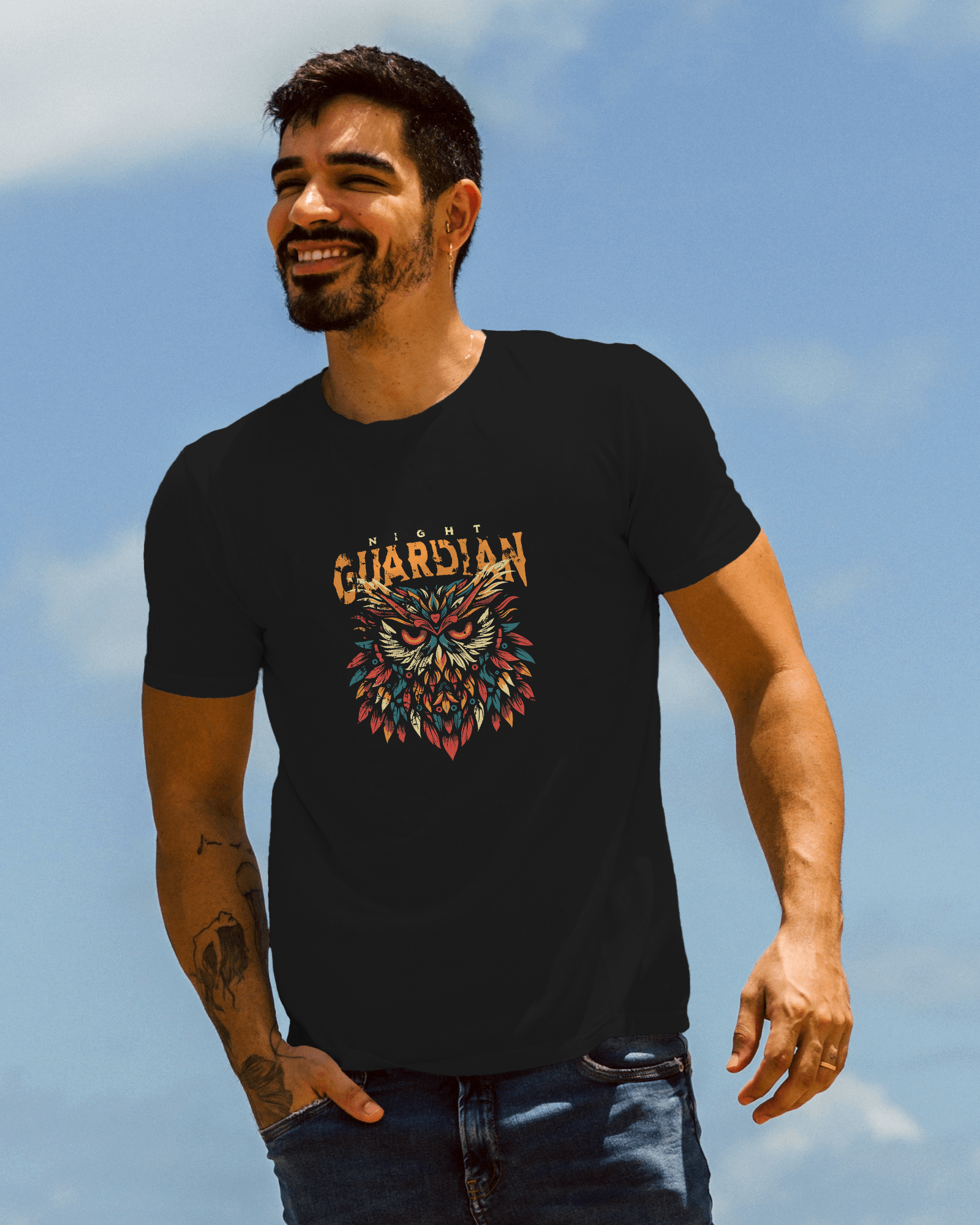 A man wearing Dark Aesthetic T-Shirt – Night Owl Graphic Gothic Streetwear by Qurrito