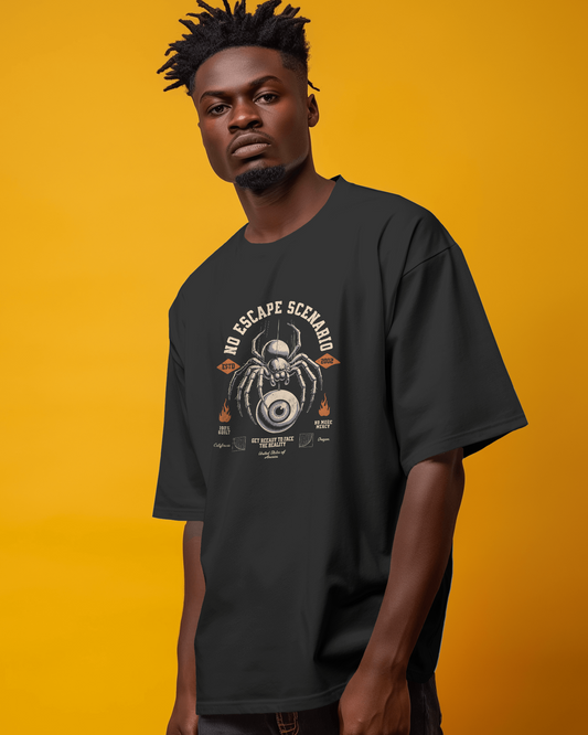 Gothic Horror T-Shirt with spider-eye graphic, perfect for edgy streetwear and dark fashion aesthetics.