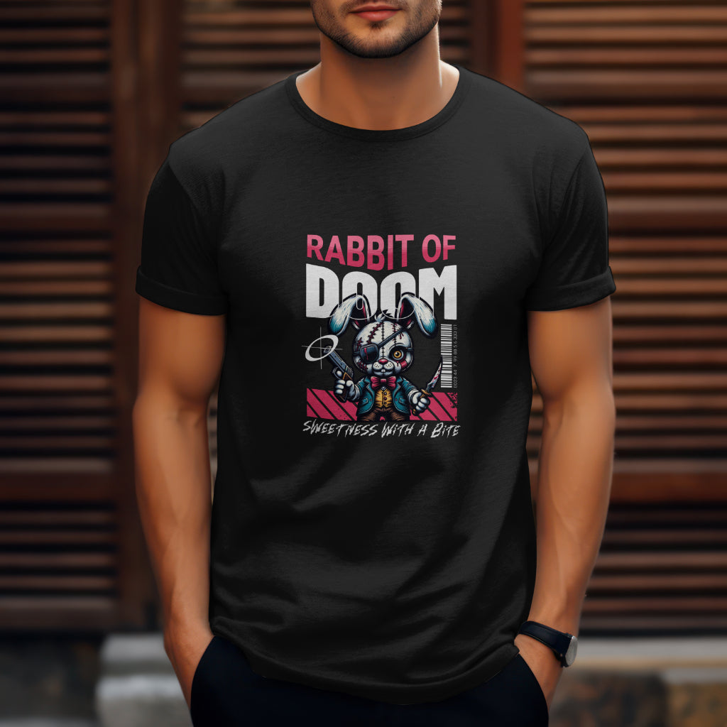 Edgy bunny graphic on alternative streetwear t-shirt with gothic grunge vibe