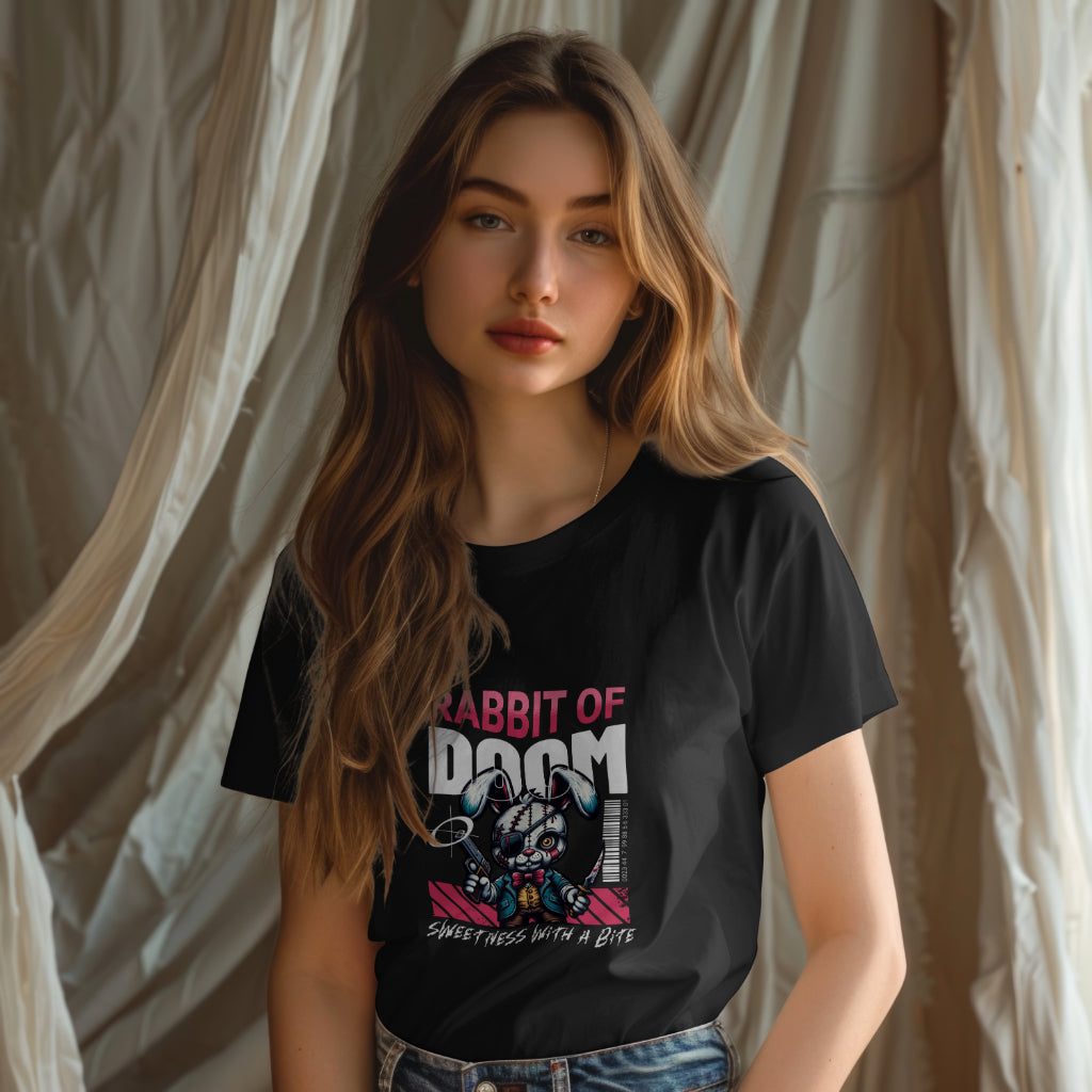 Edgy bunny graphic on alternative streetwear t-shirt with gothic grunge vibe