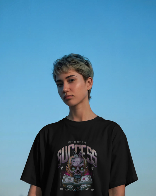 A woman wearing Gothic Streetwear T-Shirt – Zombie King Success Graphic by Qurrito