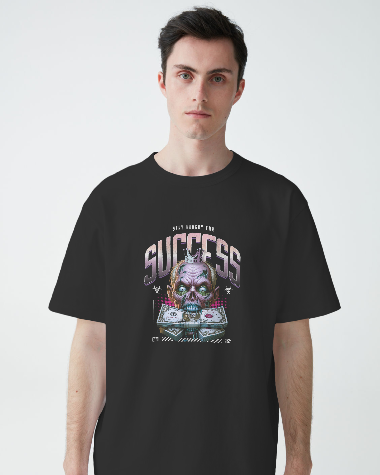 A man wearing Gothic Streetwear T-Shirt – Zombie King Success Graphic by Qurrito