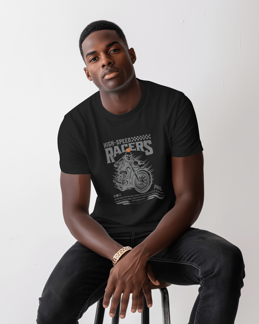 a man wearing Biker Graphic T-Shirt – Flame Rider Regular Fit Street Style by Qurrito