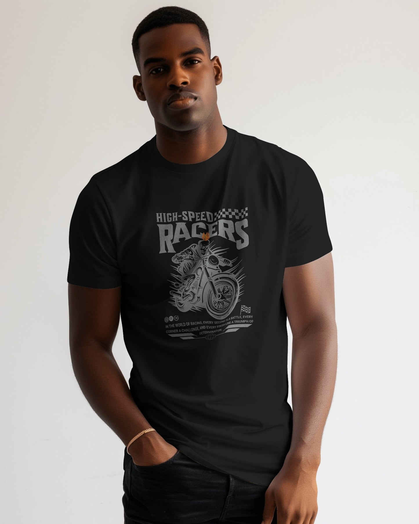 a man wearing Biker Graphic T-Shirt – Flame Rider Regular Fit Street Style by Qurrito