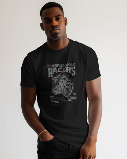 a man wearing Biker Graphic T-Shirt – Flame Rider Regular Fit Street Style by Qurrito
