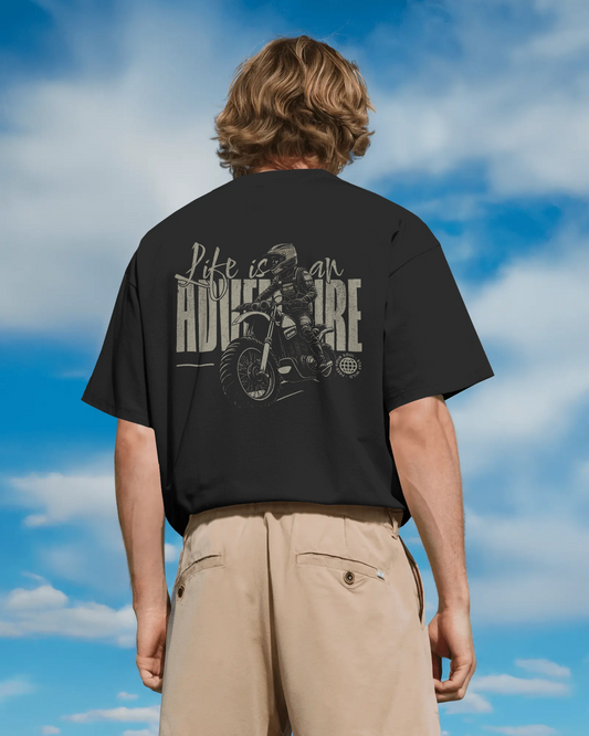 Motorbike Graphic Oversized T-Shirt - Adventure Travel Cotton - Back Graphic