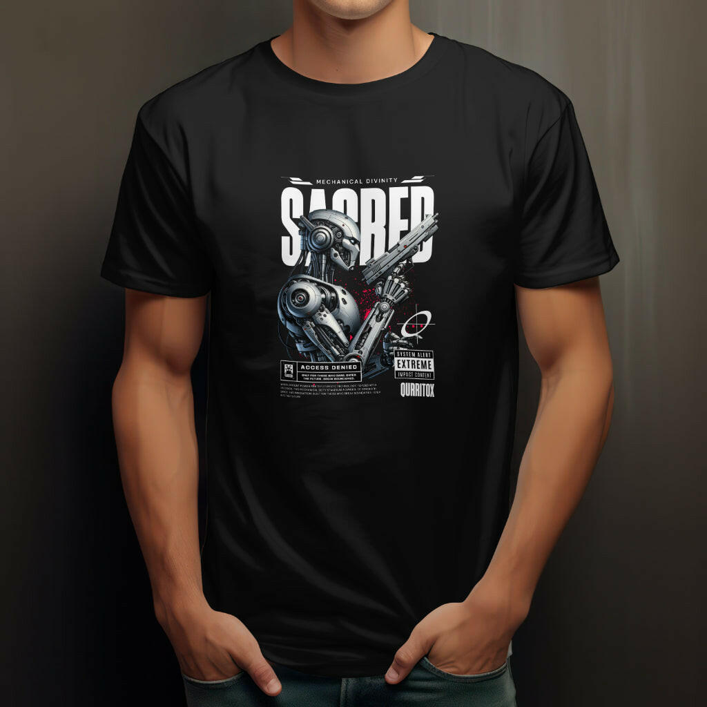 Futuristic graphic t-shirt for men with bold mecha warrior design by QURRiTO