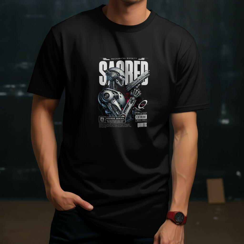 Futuristic graphic t-shirt for men with bold mecha warrior design by QURRiTO