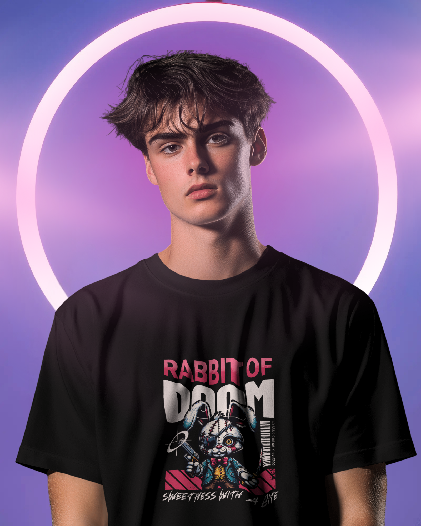 Man wearing the quirky Killer Bunny T-shirt. Design features a mysterious rabbit. Dark mood alternative streetwear style. Gothic and regular fit by Qurrito.