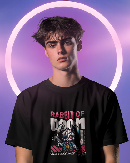 Man wearing the quirky Killer Bunny T-shirt. Design features a mysterious rabbit. Dark mood alternative streetwear style. Gothic and regular fit by Qurrito.