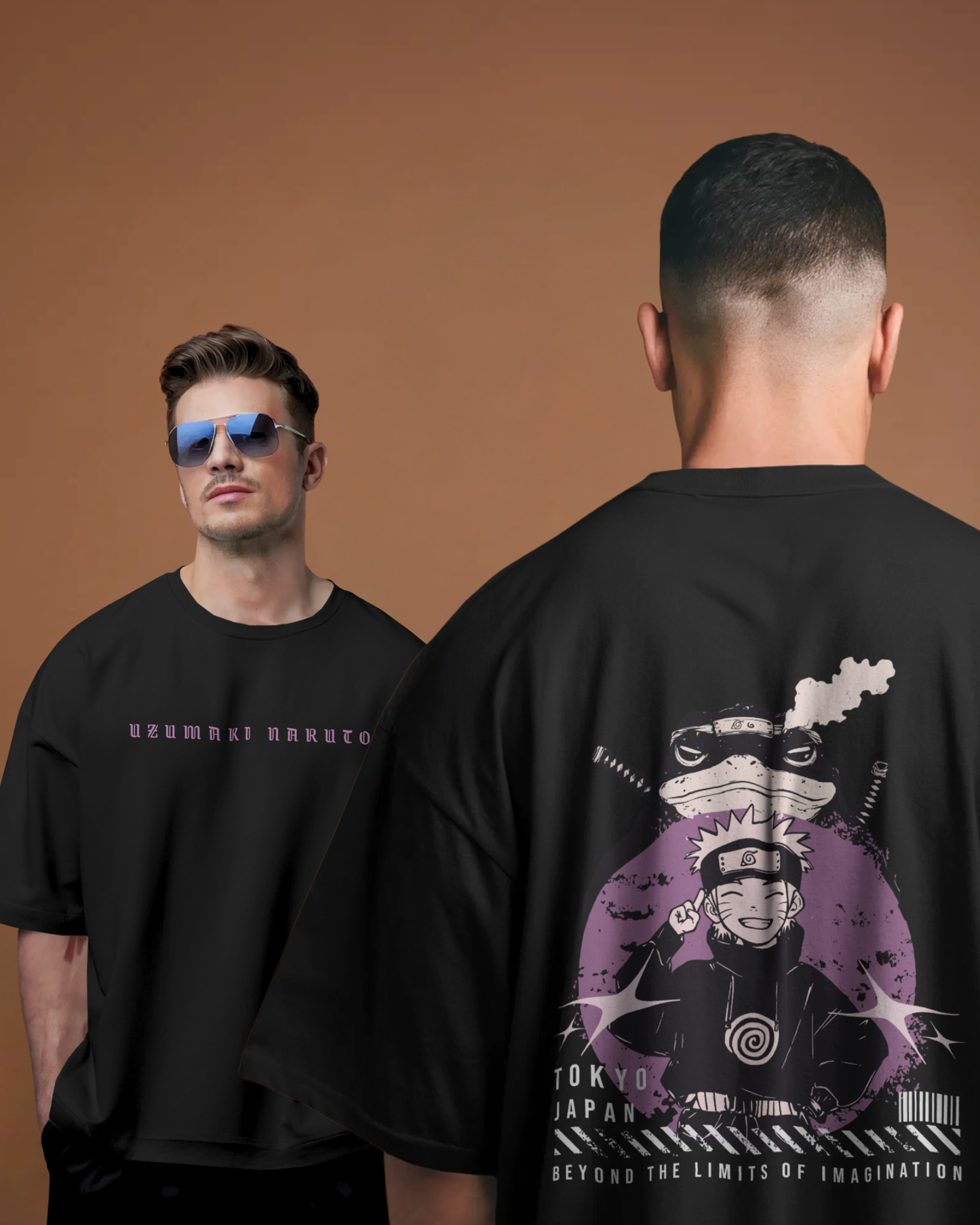 Male model styled in Qurrito’s Oversized Anime Graphic Tee featuring Uzumaki Naruto in a vintage Japanese streetwear design. The look blends mysterious, dark, confident, bold, energetic, and pumped moods — a perfect anime-inspired oversized fit for bold personalities.