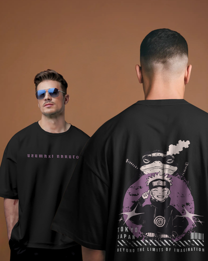 Male model styled in Qurrito’s Oversized Anime Graphic Tee featuring Uzumaki Naruto in a vintage Japanese streetwear design. The look blends mysterious, dark, confident, bold, energetic, and pumped moods — a perfect anime-inspired oversized fit for bold personalities.