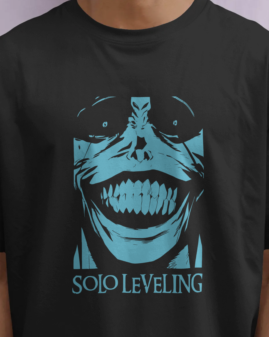 Male model wearing Qurrito’s dark mysterious mood Anime Streetwear T-Shirt featuring the Statue of God from Solo Leveling in blue print on black oversized cotton fabric, perfect for fans of Korean anime streetwear and dark aesthetic fashion.