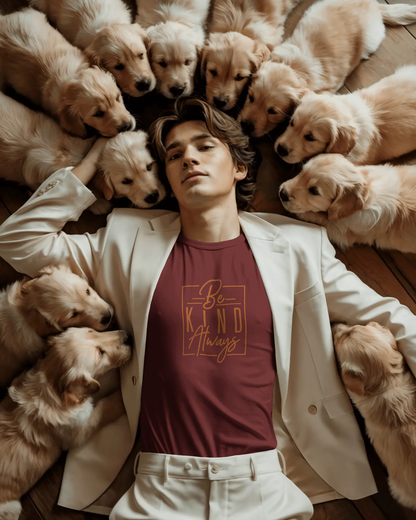Male model wearing Qurrito’s Be Kind Always Regular Fit T-Shirt in maroon cotton, lying surrounded by puppies. The tee radiates romantic, affectionate, happy, and cheerful moods — perfect for spreading positive daily motivation through minimalist fashion.