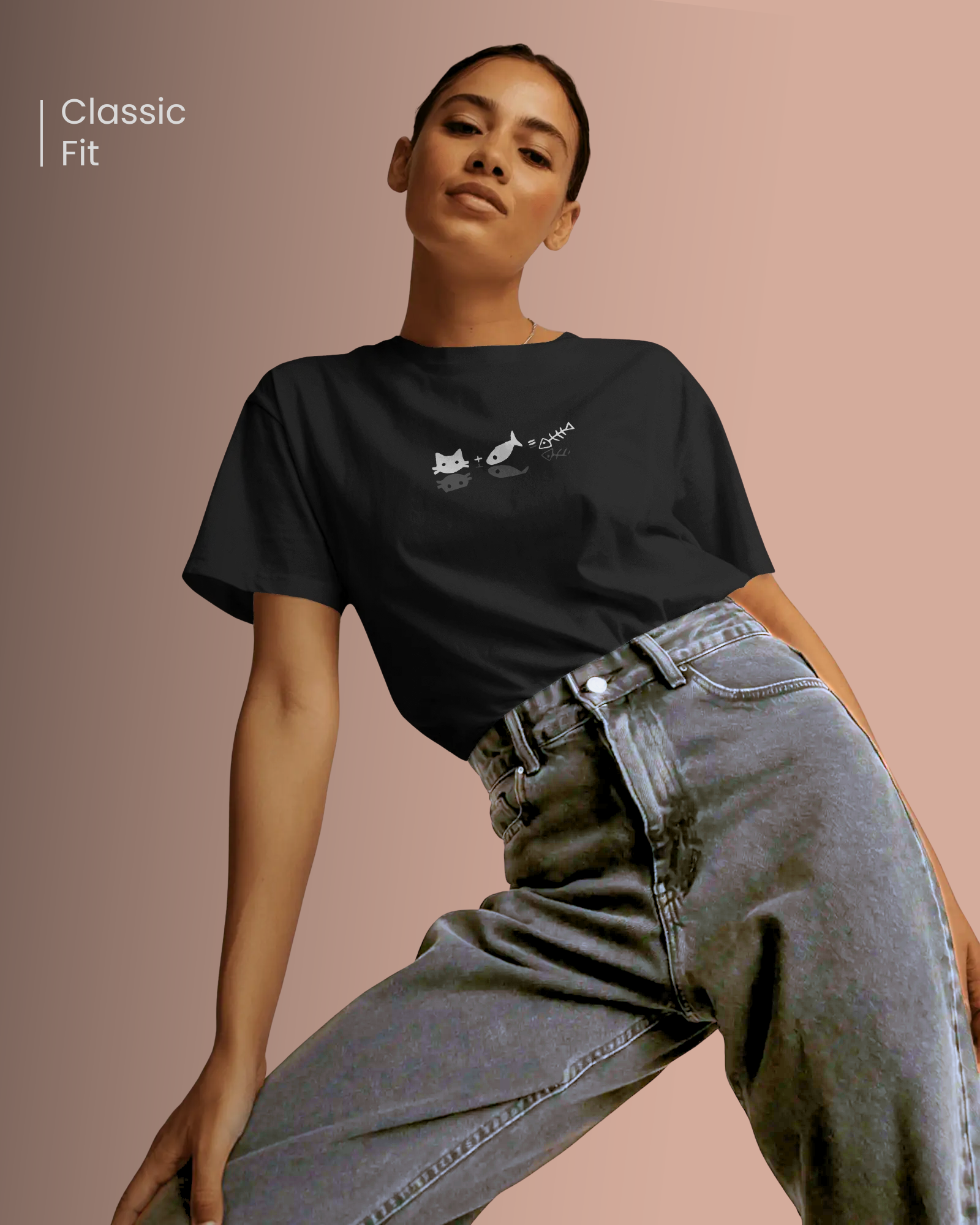 Woman posing in Qurrito’s black cotton Cat & Fish Equation Regular Fit T-Shirt paired with a white textured jeans. The minimalist cat graphic and clean design give off playful and quirky vibes — ideal for fun everyday streetwear looks.