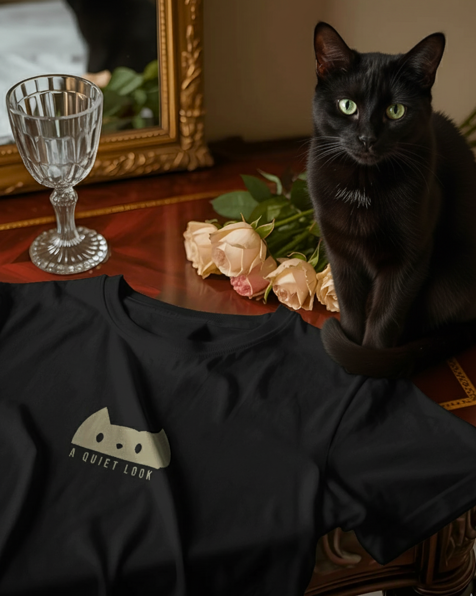 Flat lay of Qurrito’s A Quiet Look Cat Lover Tee in black cotton beside a black cat and roses. The relaxed and quirky design adds a playful touch for cat lovers and streetwear enthusiasts.