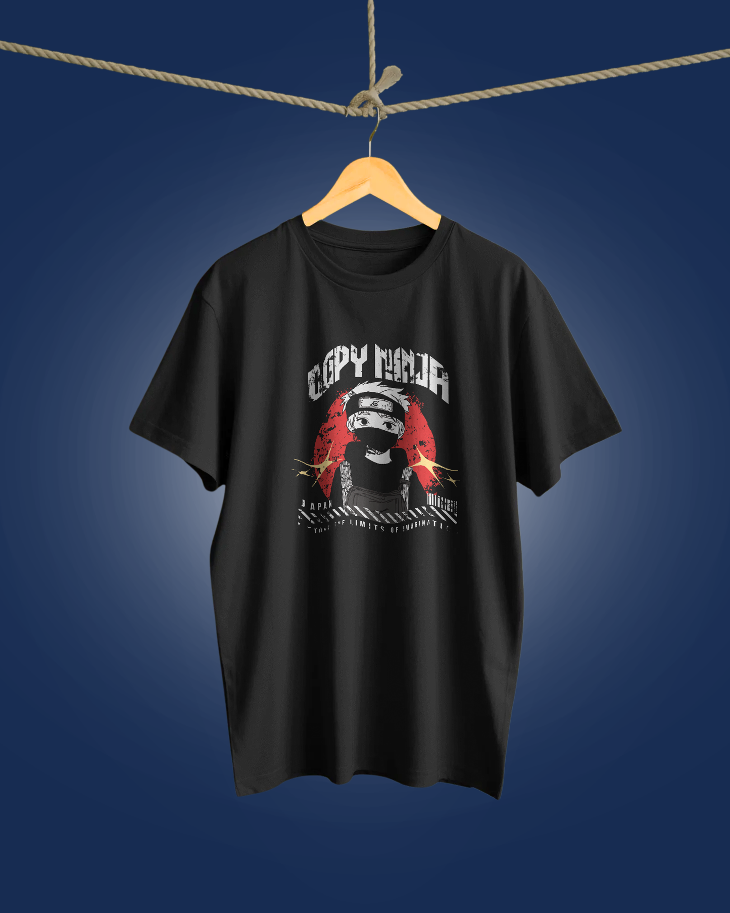 Hanging black Copy Ninja Red Sun Oversized T-Shirt from Qurrito, made from mid-heavy premium cotton. The dark and mysterious design, inspired by Japanese anime aesthetics, delivers a bold streetwear edge for everyday wear.