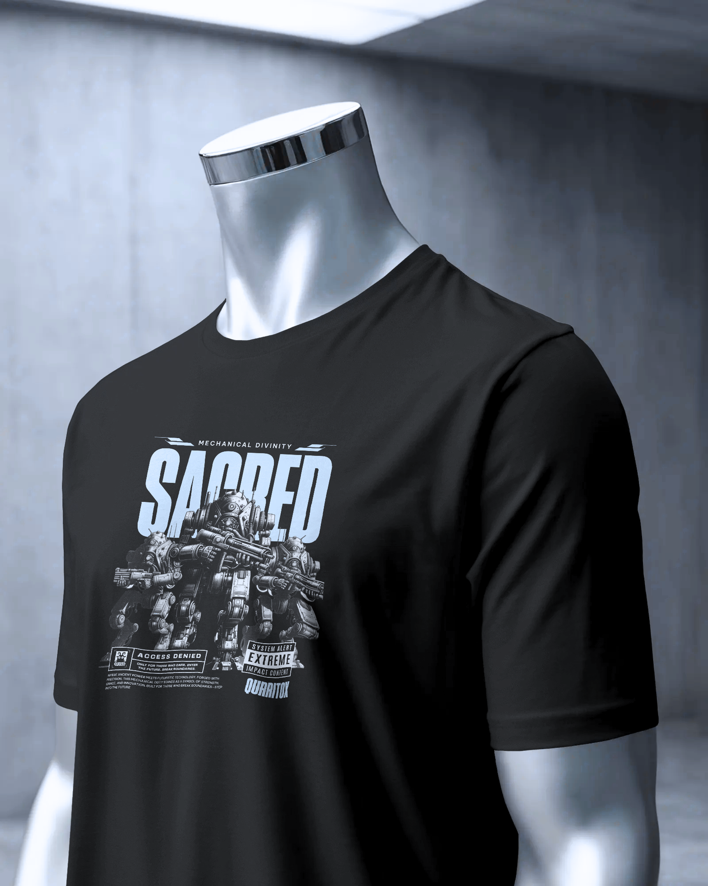 Close-up of Qurrito’s Sacred Mecha Divinity Cyberpunk T-Shirt in black cotton. The detailed mecha artwork conveys a mysterious, confident, and bold streetwear vibe rooted in dark futuristic aesthetics.