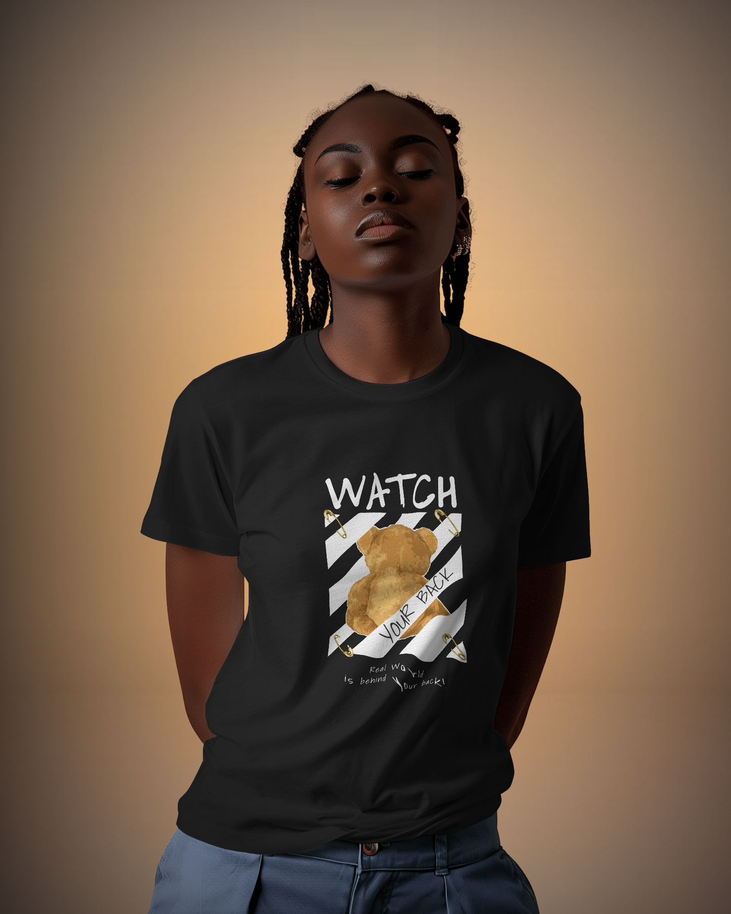 Model wearing Qurrito’s Watch Your Back Black T-Shirt – Regular Fit paired with straight-leg navy trousers, giving dark and mysterious streetwear mood vibes. Ideal for women looking for confident, bold, and minimalist outfits with black graphic tees and trousers