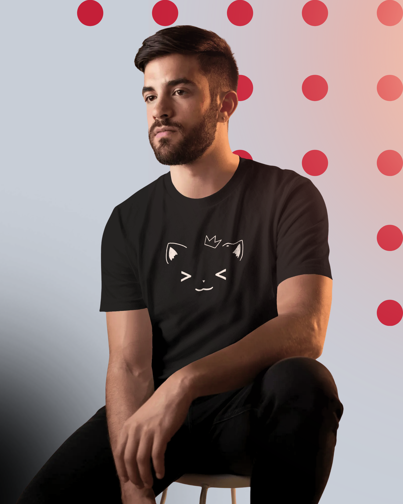 Man in Qurrito’s Minimal Graphic Cat Face T-Shirt – subtle black cotton. The simple yet quirky design brings out a playful and relaxed streetwear mood, ideal for everyday chill outfits.