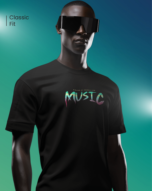 Man wearing Qurrito’s Alternative Style Rebel Music Typography T-Shirt. The black cotton tee embodies energetic, bold, and confident moods — merging dark streetwear aesthetics with a rebellious edge.